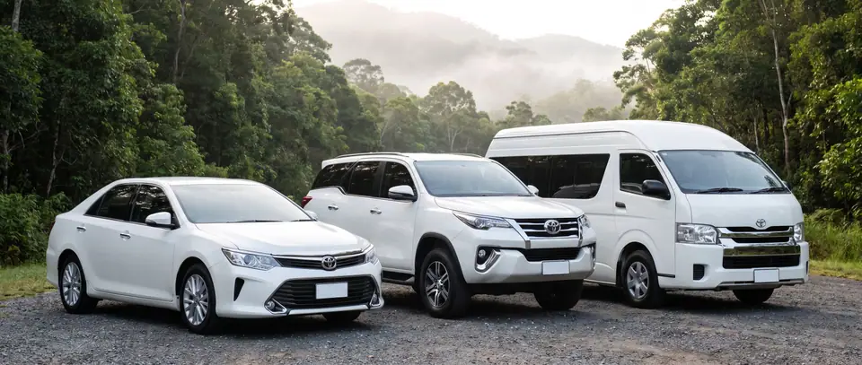 A white sedan, SUV and van parked at the edge of the Khao Yai forest
