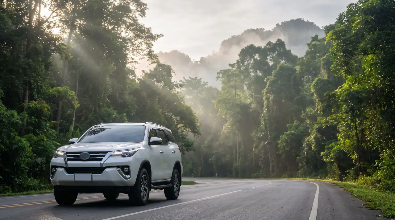 Private taxi, a white SUV, on the forest road to Khao Yai National Park
